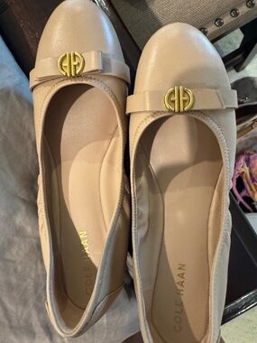 Cole Haan Beige/Nude Leather Ballet Flats with Gold Logo Accent